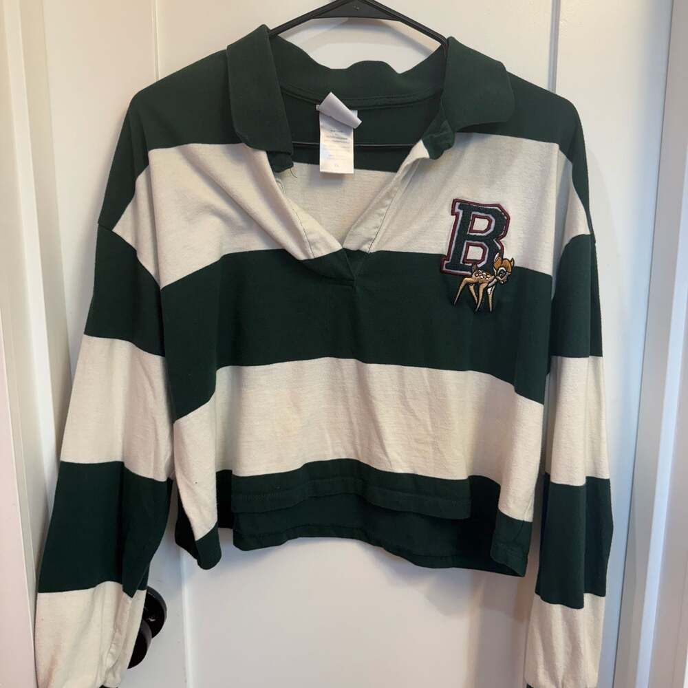 Disney Bambi Cropped Long Sleeve Striped Polo Shirt XL